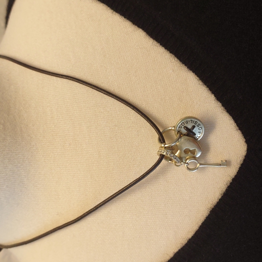 Fossil Adjustable Leather Strand Necklace With 3 Charms